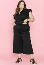 Load image into Gallery viewer, Black Plus Ruffled Sleeve Quarter Zip Top & Wide Leg Pants Set