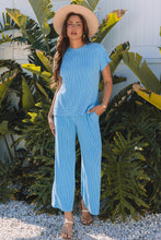 Load image into Gallery viewer, Blue Solid Corded Knit Short Sleeve T Shirt and Wide Leg Pants Set