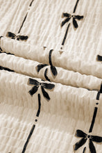 Load image into Gallery viewer, Beige Bow Print Striped Puff Short Sleeve Blouse