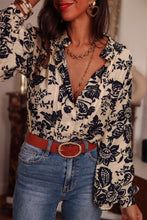 Load image into Gallery viewer, Black Boho Floral Pleated V Neck Lantern Sleeve Shirt