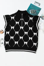 Load image into Gallery viewer, Black Preppy Bow Print Zipped Collar Knit Top