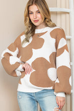 Load image into Gallery viewer, Khaki 60s Floral Pattern Ribbed Trim Pullover Sweater