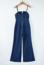 Load image into Gallery viewer, Sail Blue Seamed Zipper Spaghetti Strap High Waist Flared Jumpsuit