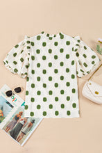 Load image into Gallery viewer, Apricot Polka Dot Print Smocked Notched Neck Balloon Sleeve Blouse