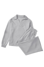 Load image into Gallery viewer, Sail Blue Solid Textured Collared V Neck Top and Wide Leg Pants Set