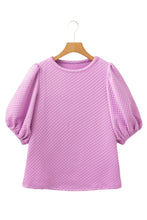 Load image into Gallery viewer, White Solid Textured O Neck Puff Sleeve Blouse