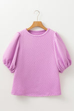Load image into Gallery viewer, White Solid Textured O Neck Puff Sleeve Blouse