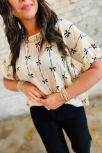 Load image into Gallery viewer, Beige Bow Print Striped Puff Short Sleeve Blouse