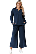 Load image into Gallery viewer, Sail Blue Solid Textured Collared V Neck Top and Wide Leg Pants Set