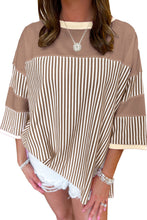 Load image into Gallery viewer, Khaki Stripe Patchwork Bracelet Sleeve Plus Size T Shirt