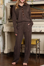 Load image into Gallery viewer, Black Ribbed Henley Shirt and Wide Leg Pants Loungewear Set
