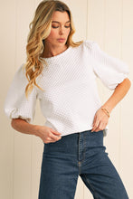 Load image into Gallery viewer, White Solid Textured O Neck Puff Sleeve Blouse