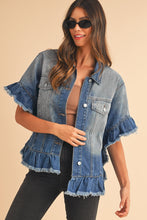 Load image into Gallery viewer, Peacock Blue Raw Edge Bell Short Sleeve Denim Jacket