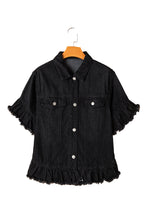 Load image into Gallery viewer, Peacock Blue Raw Edge Bell Short Sleeve Denim Jacket