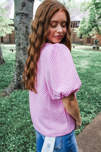 Load image into Gallery viewer, White Solid Textured O Neck Puff Sleeve Blouse