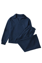 Load image into Gallery viewer, Sail Blue Solid Textured Collared V Neck Top and Wide Leg Pants Set