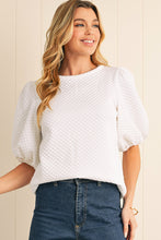 Load image into Gallery viewer, White Solid Textured O Neck Puff Sleeve Blouse