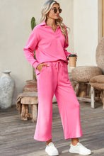 Load image into Gallery viewer, Sail Blue Solid Textured Collared V Neck Top and Wide Leg Pants Set