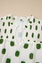 Load image into Gallery viewer, Apricot Polka Dot Print Smocked Notched Neck Balloon Sleeve Blouse