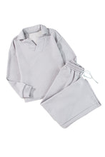 Load image into Gallery viewer, Sail Blue Solid Textured Collared V Neck Top and Wide Leg Pants Set