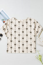 Load image into Gallery viewer, Beige Bow Print Striped Puff Short Sleeve Blouse