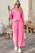 Load image into Gallery viewer, Sail Blue Solid Textured Collared V Neck Top and Wide Leg Pants Set