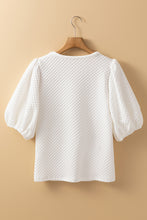 Load image into Gallery viewer, White Solid Textured O Neck Puff Sleeve Blouse