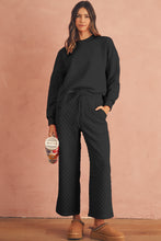 Load image into Gallery viewer, Black Checkered Textured Split Pullover Top and Pants Set