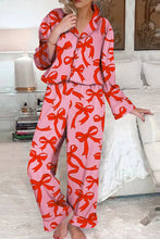 Load image into Gallery viewer, Pink Allover Bow Print Button Up and Loose Pants Pajama Set