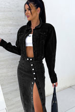 Load image into Gallery viewer, Black Button Fly Side Split High Waist Denim Midi Skirt