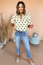 Load image into Gallery viewer, Apricot Polka Dot Print Smocked Notched Neck Balloon Sleeve Blouse