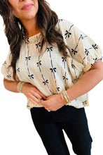 Load image into Gallery viewer, Beige Bow Print Striped Puff Short Sleeve Blouse
