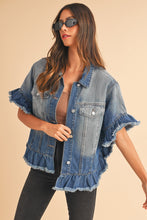 Load image into Gallery viewer, Peacock Blue Raw Edge Bell Short Sleeve Denim Jacket