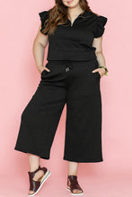 Load image into Gallery viewer, Black Plus Ruffled Sleeve Quarter Zip Top & Wide Leg Pants Set