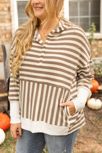 Load image into Gallery viewer, Brown Stripe Drop Sleeve Plus Size Henley Hoodie