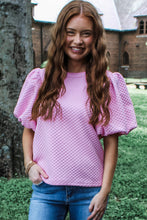 Load image into Gallery viewer, White Solid Textured O Neck Puff Sleeve Blouse