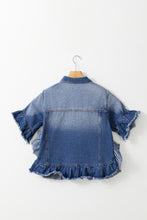 Load image into Gallery viewer, Peacock Blue Raw Edge Bell Short Sleeve Denim Jacket