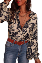 Load image into Gallery viewer, Black Boho Floral Pleated V Neck Lantern Sleeve Shirt