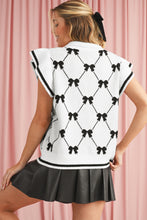 Load image into Gallery viewer, Black Preppy Bow Print Zipped Collar Knit Top