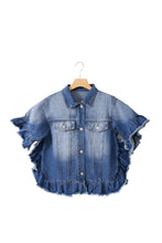 Load image into Gallery viewer, Peacock Blue Raw Edge Bell Short Sleeve Denim Jacket