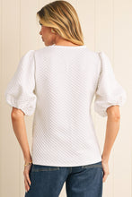 Load image into Gallery viewer, White Solid Textured O Neck Puff Sleeve Blouse