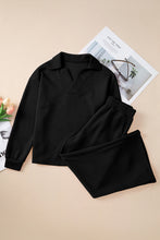 Load image into Gallery viewer, Black Solid Textured Collared V Neck Top and Wide Leg Pants Set