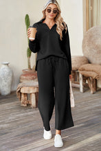 Load image into Gallery viewer, Sail Blue Solid Textured Collared V Neck Top and Wide Leg Pants Set