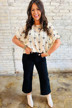 Load image into Gallery viewer, Beige Bow Print Striped Puff Short Sleeve Blouse