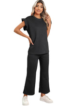 Load image into Gallery viewer, Dark Green Textured Ruffle Summer Top and Drawstring Pants Set