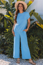 Load image into Gallery viewer, Blue Solid Corded Knit Short Sleeve T Shirt and Wide Leg Pants Set