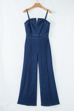 Load image into Gallery viewer, Sail Blue Seamed Zipper Spaghetti Strap High Waist Flared Jumpsuit