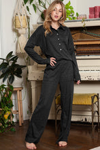 Load image into Gallery viewer, Black Ribbed Henley Shirt and Wide Leg Pants Loungewear Set