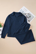Load image into Gallery viewer, Sail Blue Solid Textured Collared V Neck Top and Wide Leg Pants Set