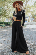 Load image into Gallery viewer, Black Solid Color Ribbed Crop Top Long Pants Set